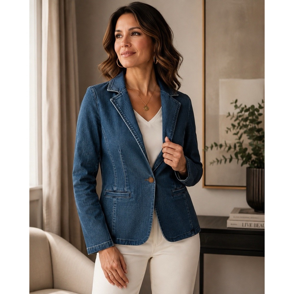 Gloria Vanderbilt Denim Blazer Jacket Wm's Small Blue Stretch‎ One Button Career